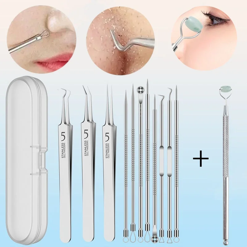 ชุดอุปกรณ์ทำความสะอาดผิวหน้า 12 ชิ้น/ชุด เครื่องมือบีบสิวเสี้ยน กำจัดสิวอุดตัน เข็มกดสิว และลูกกลิ้งหยกนวดหน้า ลดริ้วรอย ยกกระชับผิว