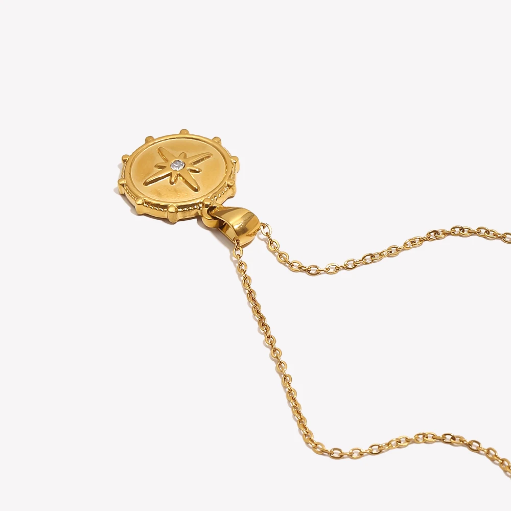 Cute Crystal Basic North Star Gold Plated Coin Necklace For Women Silver Color Stainless Steel Necklace Casual Retro Collar