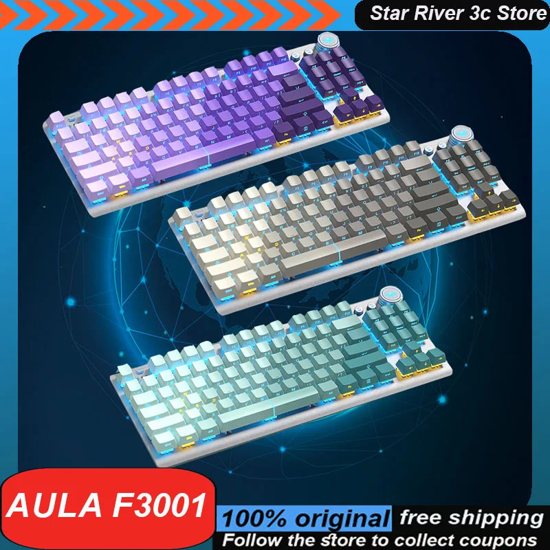 Aula F3001 Mechanical Keyboard Cool Lighting Effect Wireless Three Mode Multifunctional Knob Laptop Customized Gaming Keyboard