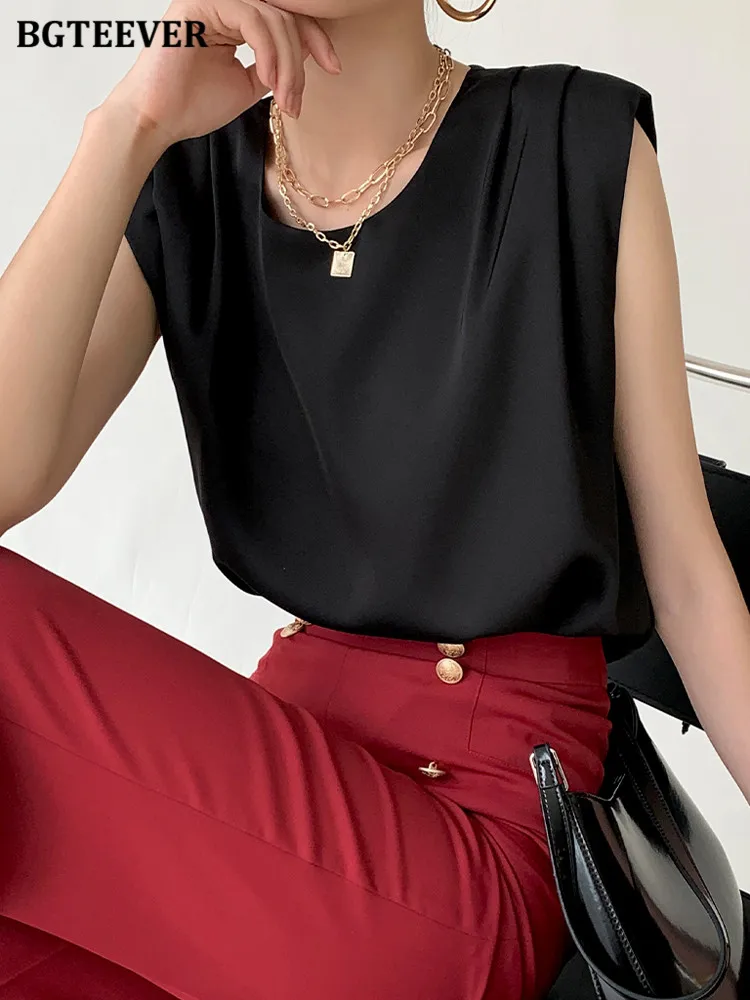 BGTEEVER Stylish Chic O-neck Women Satin Blouses 2022 Spring Summer Loose Female Sleeveless Tops Elegant Ladies Blusas