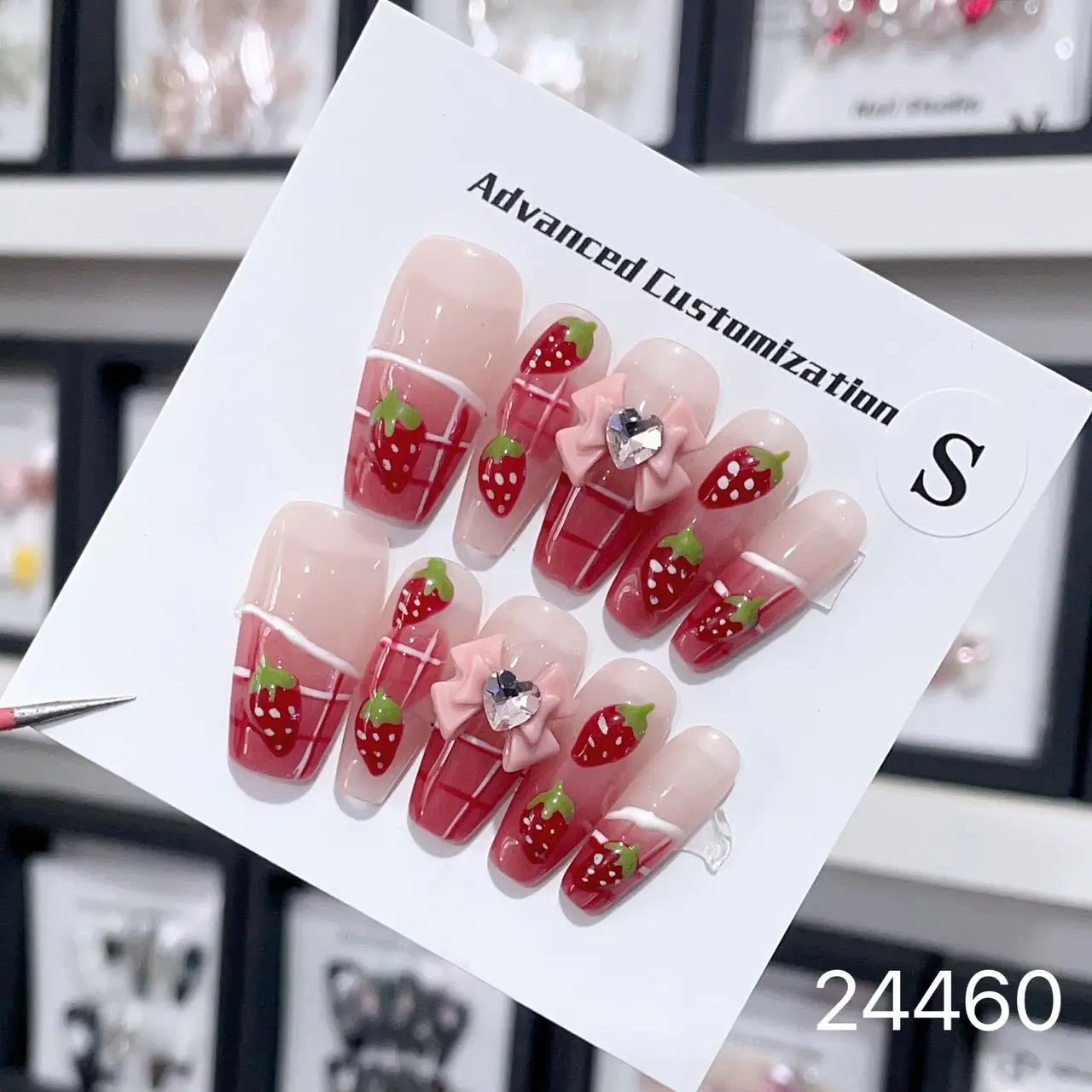 

Cute Strawberry Pink Long Handmade Press on Nails Wholesale Kawaii Bows Pressons Bulk Full Cover Square Acrylic False Nail Tips