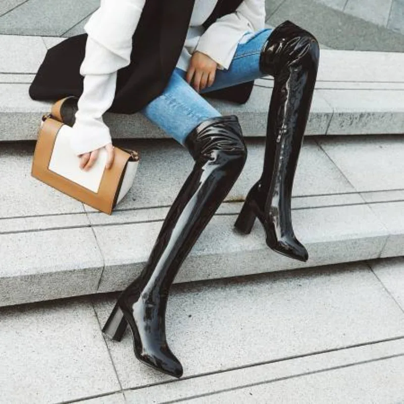 

Fashion Over the Knee Boots Women Orange Red Yellow Green Patent Thigh High Boots Square High Heels Party Shoes Lady Plus Size