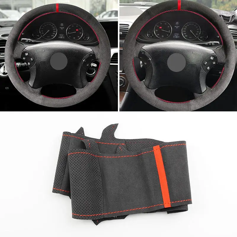 Car Steering Wheel Cover For Mercedes Benz C-Class W203 2001 2002 2003 2004 2005 2006 2007 Suede Leather Trim red line signs