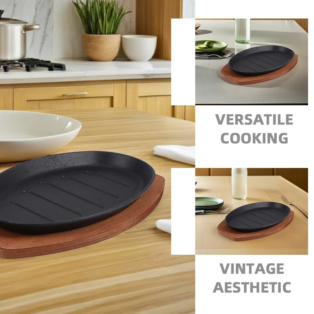 12 Inch Cast Iron Sizzling Platter Steak Grill Pan Fajita Teppanyaki Plate Barbecue Griddle for Home Restaurant Cooking Vintage