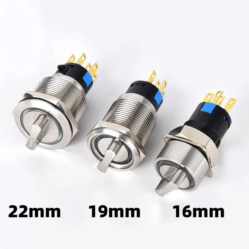 Metal Selector Rotary Switch 2/3 Position 16/19/22mm Self-return Momentary Self-locking Fixation Knob Switch Waterproof Button