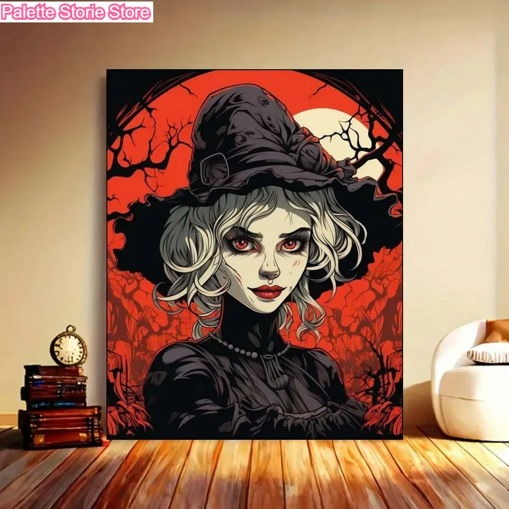 

（Frameless ）Witch in Black Hat Against Red Moon Dark Fantasy Illustration Canvas Art Adults Beginners Diy Paints By Numbers Set