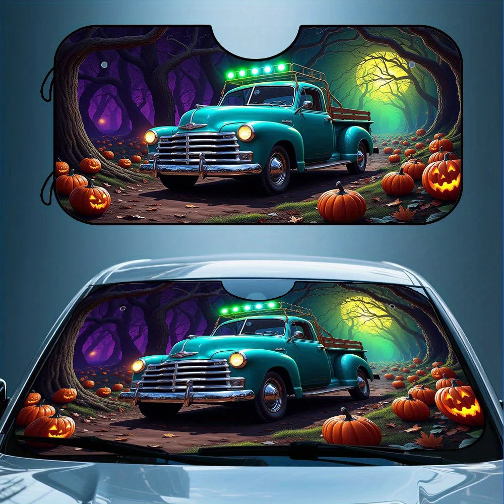1pc Halloween Car Sunshade With Foldable Design & Spooky Forest Pumpkin Truck Pattern, Fits Most Front Windows For Halloween Dec