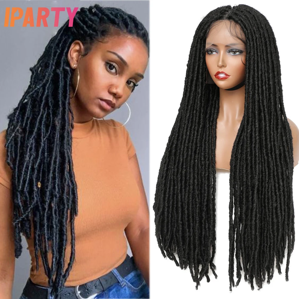 IPARTY Full Hand Lace Frontal Wig Faux Locs Braided Wig 32Inch Long Straight Sythetic Braiding Hair for Black Women Daily Use