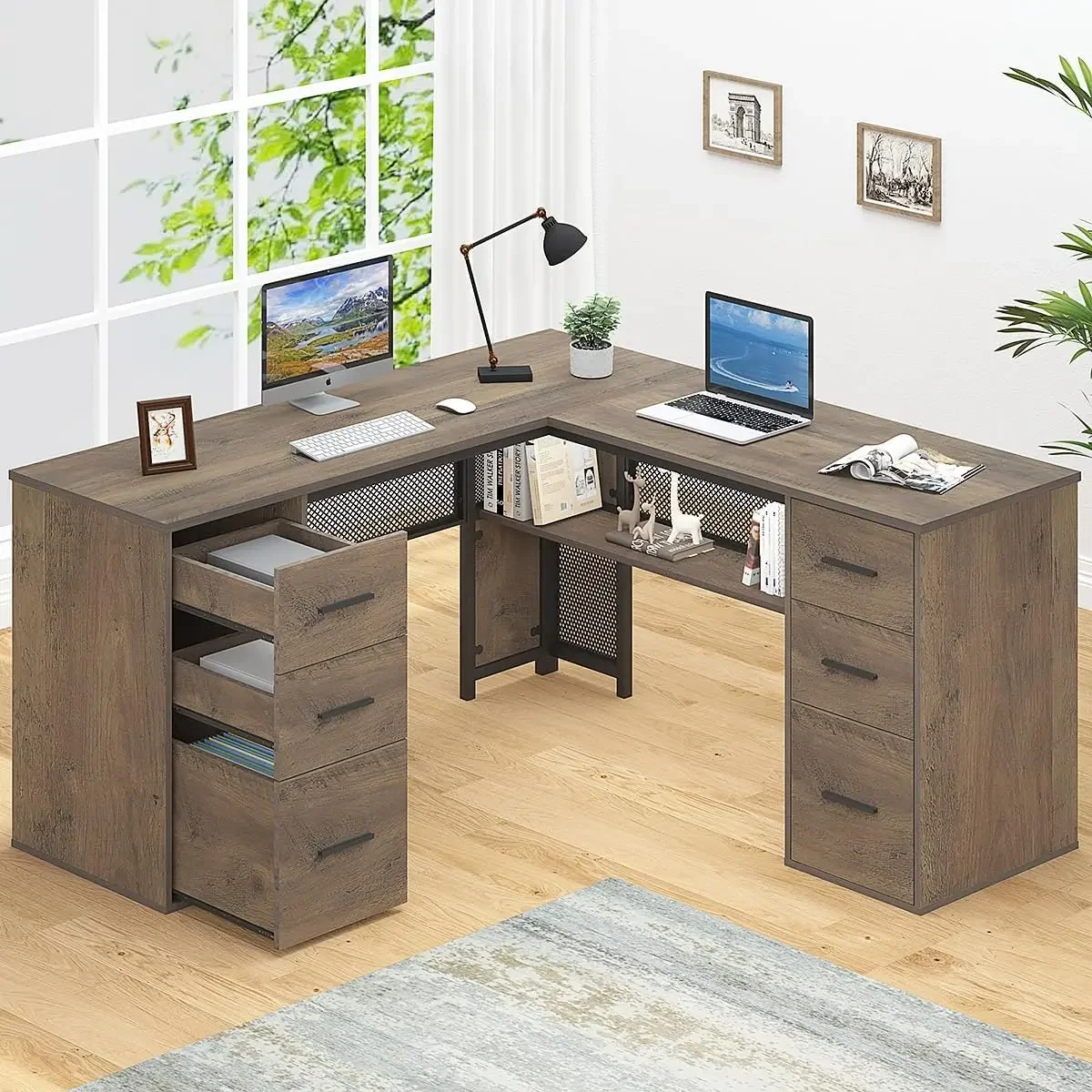 

Large L Shaped Home Office Desk, Rustic L-shaped Computer Desk with Storage File Cabinet Shelves, 59 Inch Bedroom Desk