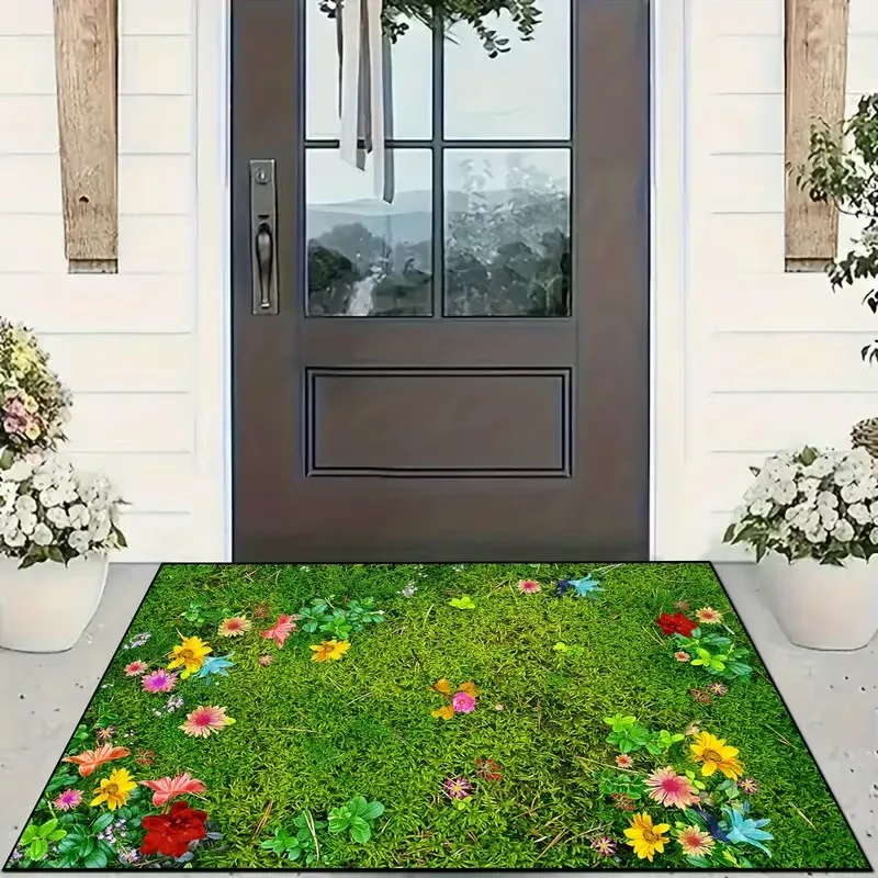 Green Base with Multicolor Flower Pattern Welcome Doormat Non Slip Entryway Rug Front Door Mat for Home Decoration Fresh Style