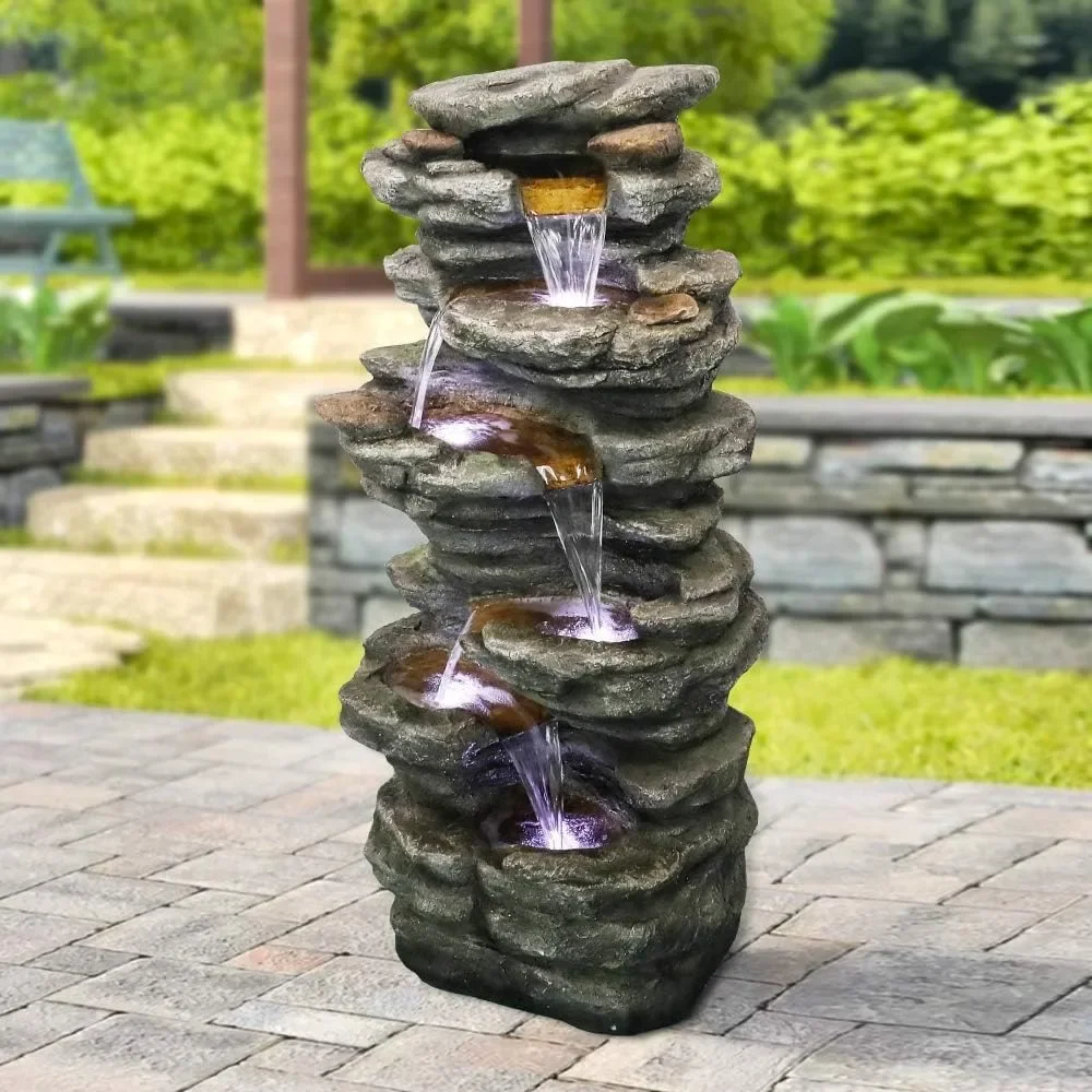 LED Water Fountain, 6-Tiers Rocks Outdoor Fountain - 40” High Cascading Waterfall, Outdoor Fountain,