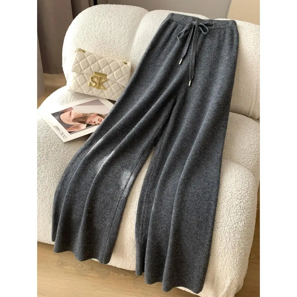 ey Thiened 00 الصوف محبوك بنطال ذو قصة أرجل واسعة المرأة فضفاضة عادية Camere مستقيم الساق بنطلون مريح l الخصر