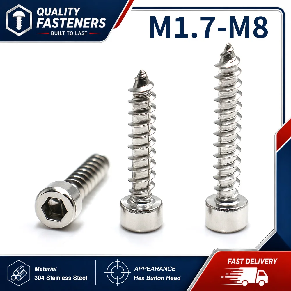 304 Stainless Steel Hex Socket Button Head Pointed Tail Self Tapping Screws Fasteners M1.7-M8
