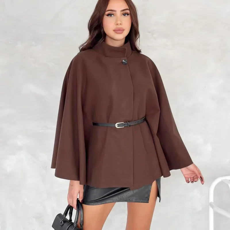 HXAO 2025 Women\'s Jacket Cloak Tweed Jacket Women Wool & Blends Coats Bat Long Sleeve Coats Burgundy Brown Black Cape Outerwears