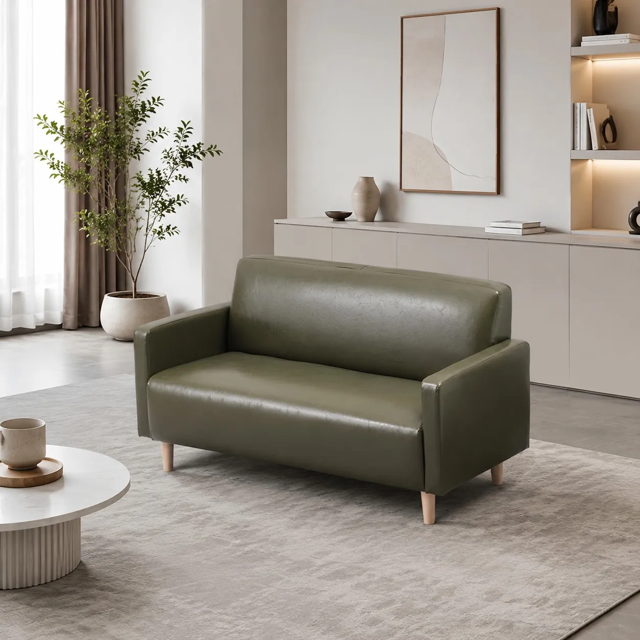 Faux Wax Leather Loveseat Sofa with Wood Frame Water Resistant 2 Seater Small Couch, Compact Upholstered Mini Sofa with
