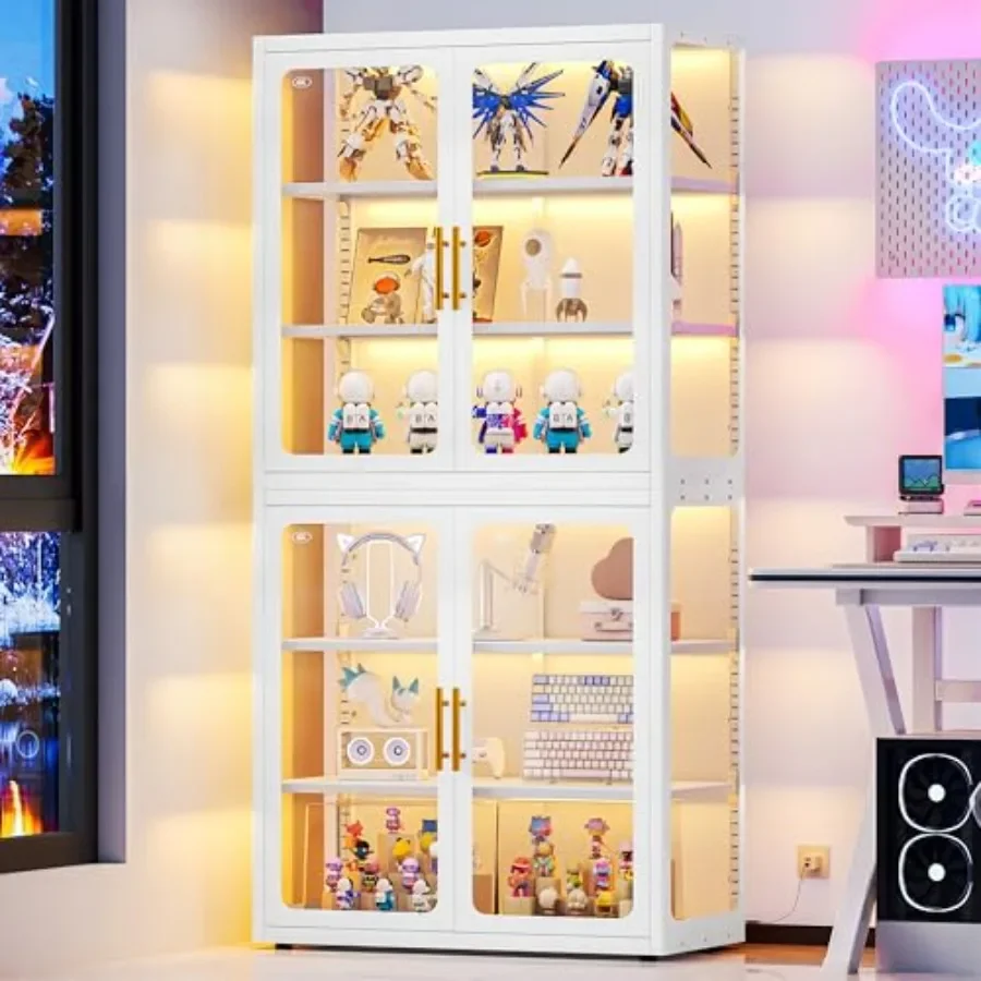 Display cabinet for collectibles, glass doors, white MDF, 4-tier with color-changing LED lights, versatile storage and bookcase