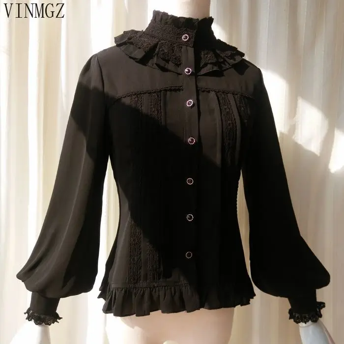 New dress retro lolita stand-up collar lamb leg sleeves long-sleeved chiffon lace princess versatile shirt