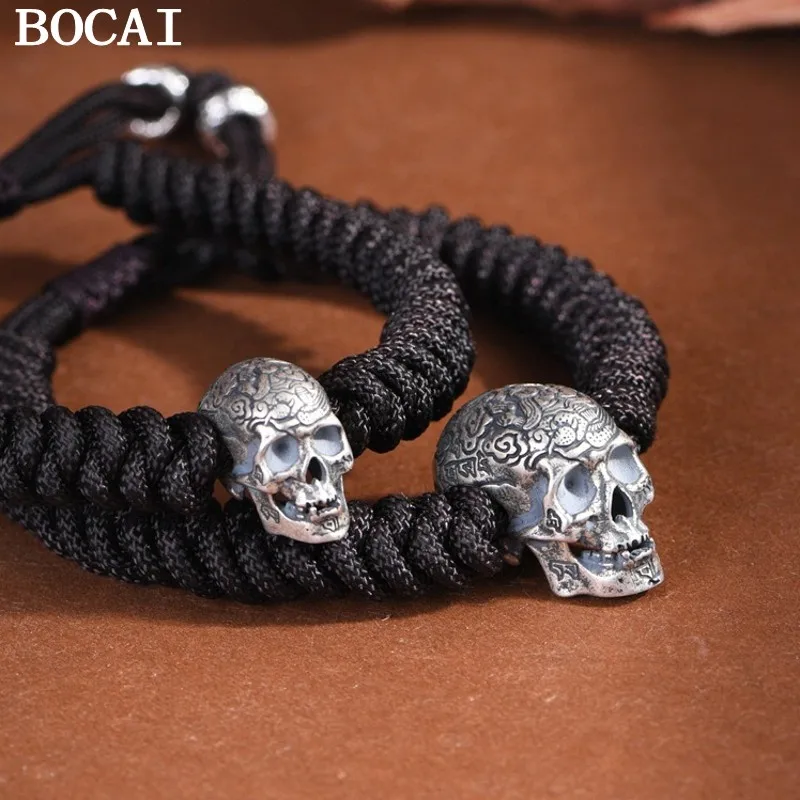 BOCAI NEW S925 Silver Personality Trendy Design Skull Head Hand Woven Rope Men's Bracelet