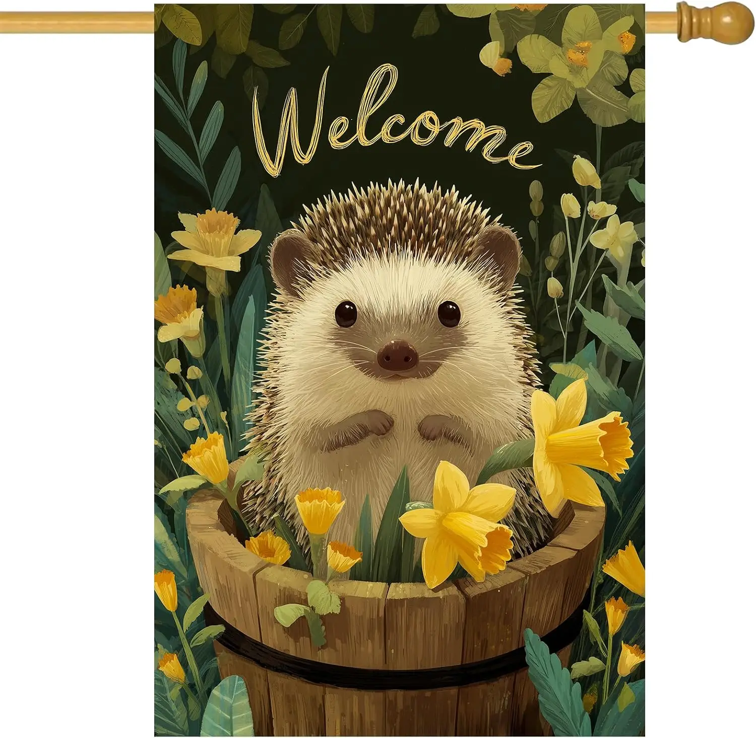 Hedgehog House Flag 28 x 40 Inch Double Sided Spring Summer Garden Flag with Cute Hedgehog in Barrel Yellow Floral Welcome S EEZ
