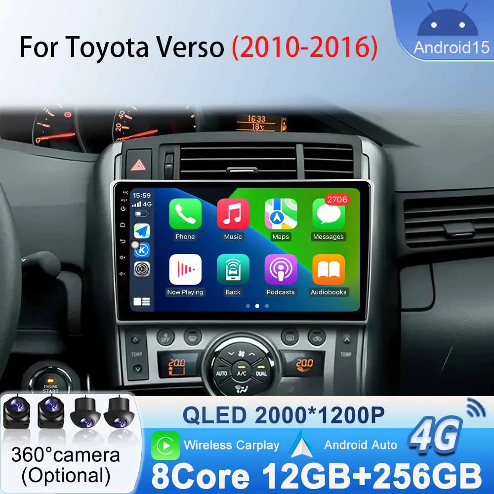 For Toyota Verso 2010 2011 2012 2013 2014 2015 2016 Carplay Auto Android 15 Car Radio Navigation GPS Multimedia Player Video DSP