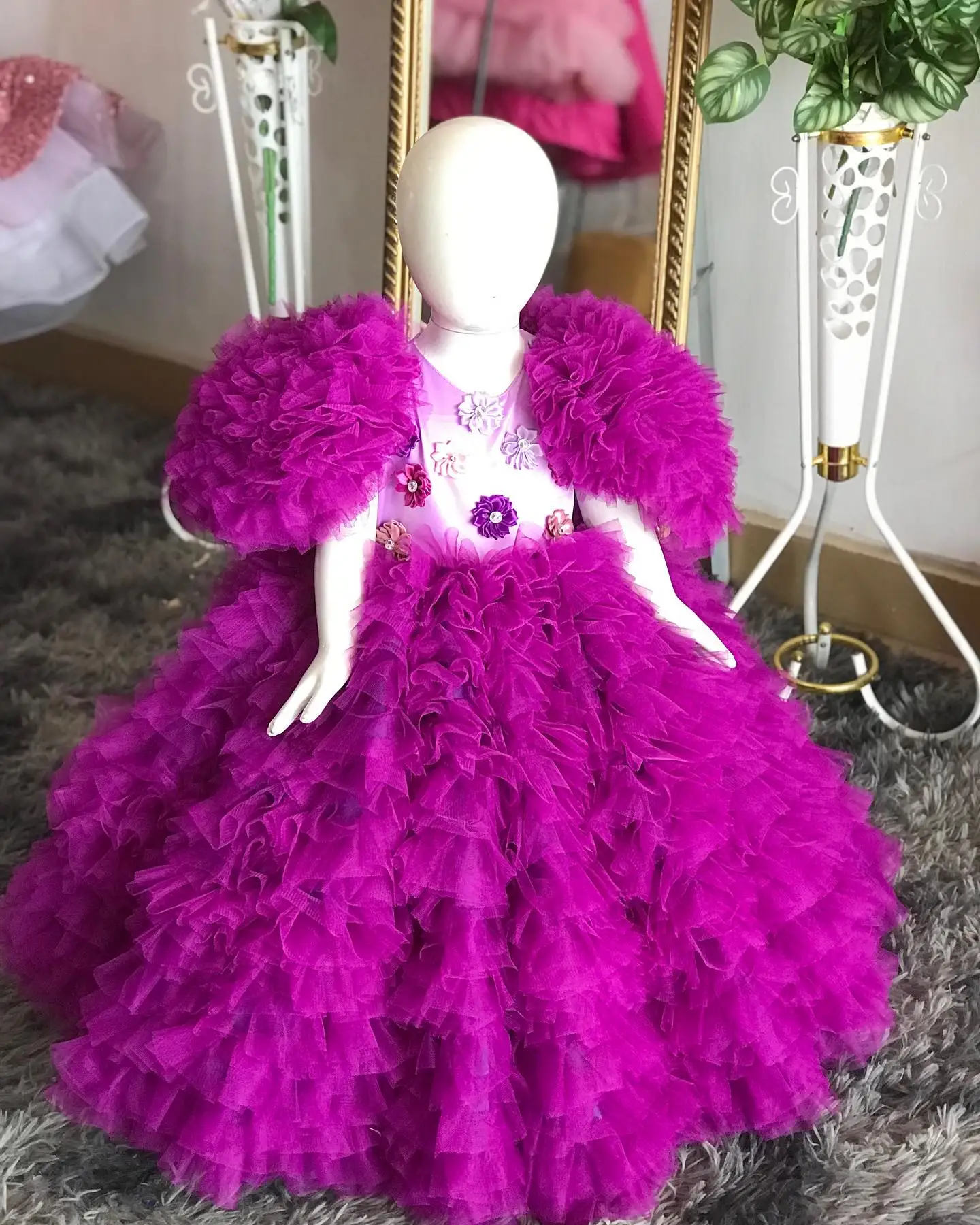 Luxury Floral Girls Birthday Party Dresses Short Puff Sleeve Flower Girl Dresses Baby Kids Ball Gowns for Photo Shoot