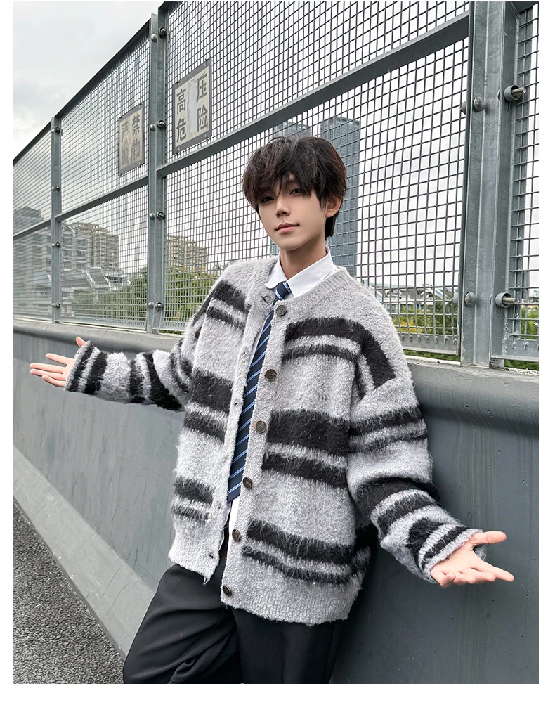 Autumn Winter New American Retro Style Soft Loose Casual Black Gray Knitted Cardigan Men's Blue Brown Striped Sweater