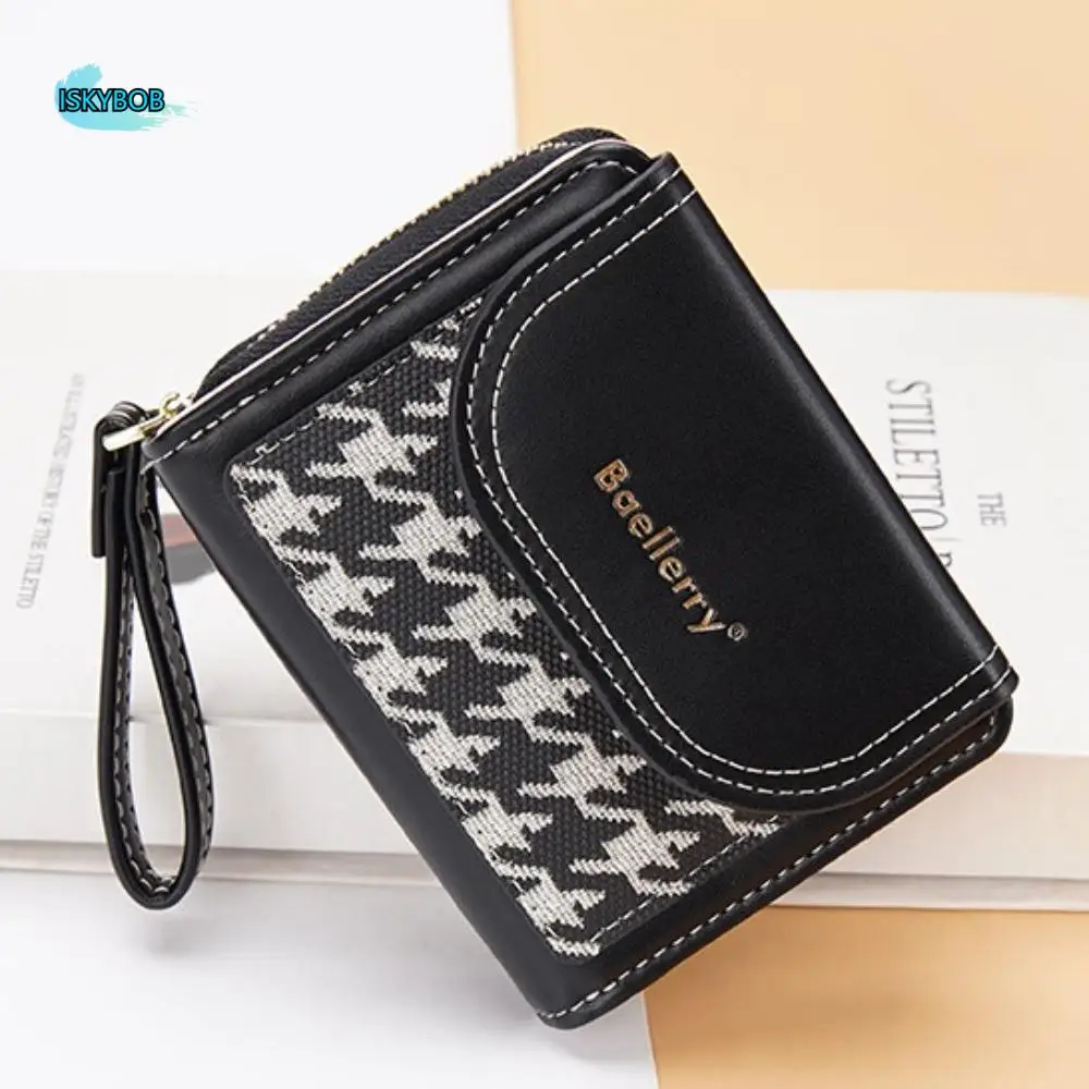 

Elegant Korean Style Short Zippe Wallet PU Leather Multi-card Slot Plaid Coin Pouch Retro Houndstooth Credit Card Holder Ladies