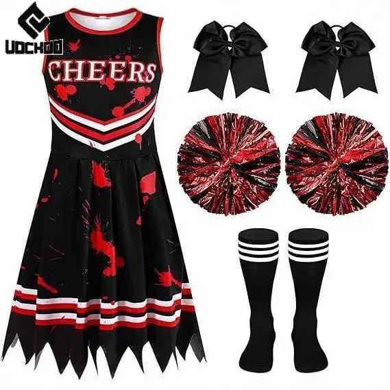 Girl Zombies Cheerleaders Dress Halloween Cosplay Costume Horrible Bloody Gown Gothic Child Two Piece Day of The Dead Party Wear view 5
