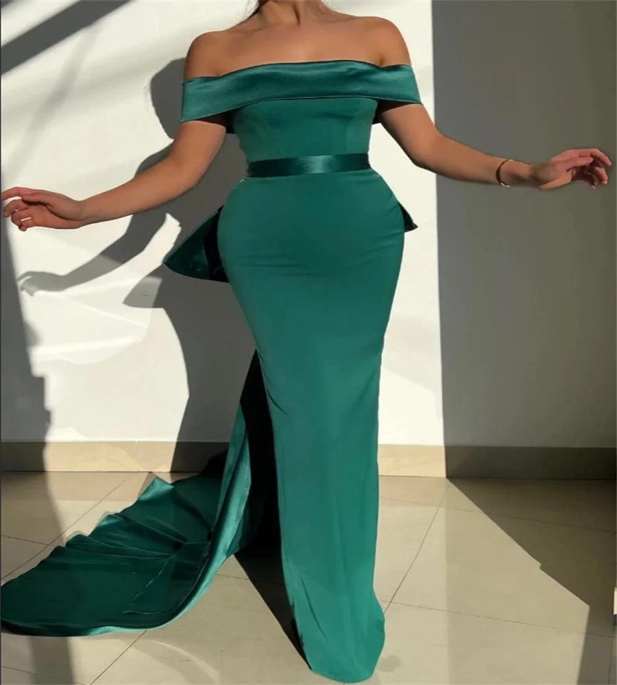 

Graceful Emerald Green Evening Dress With Big Bow Off Shoulders Mermaid Prom Dress Birthday Formal Party Gown Dubai Customized