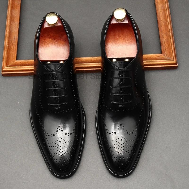 HNXC Black Formal Shoes Men Genuine Leather Pointed Toe Oxford Shoes High Quality Lace-up Wedding Office Business Dress Shoe