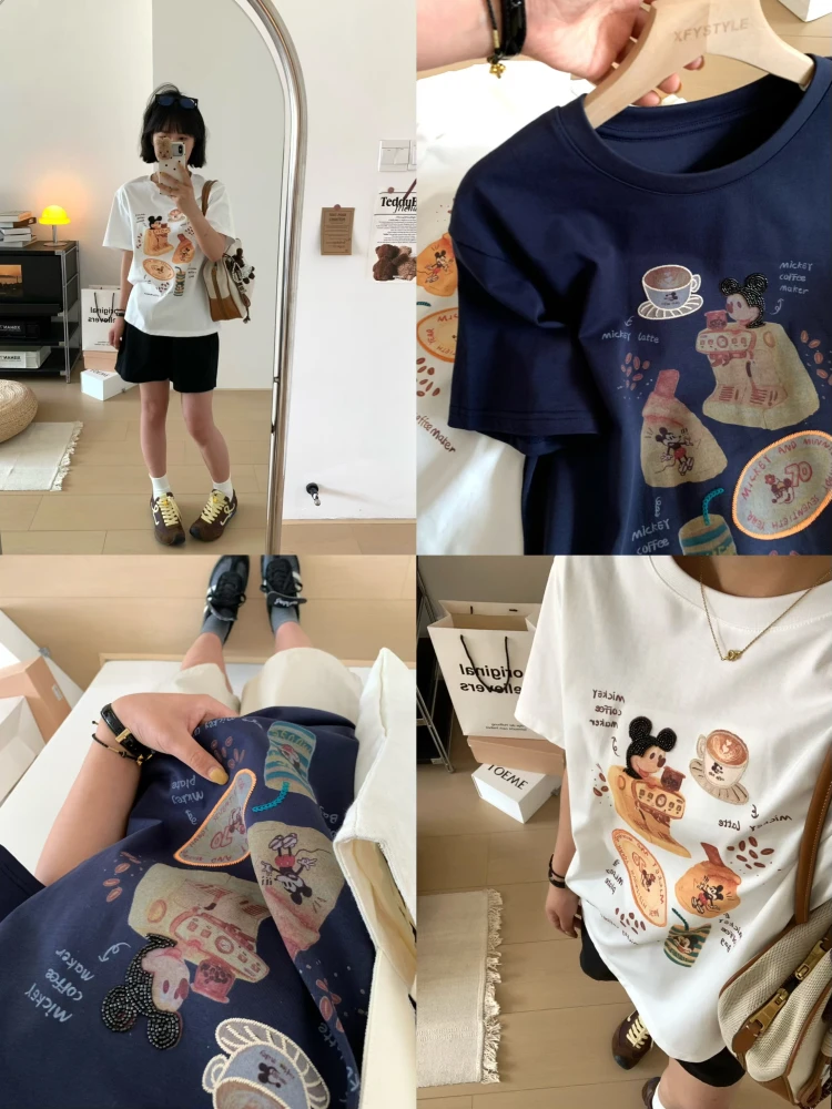 

Fun Cartoon Print ort Sve round Ne T-irt Women's Sle Casual Cotton Summer Top Slimming oulder Balance Design