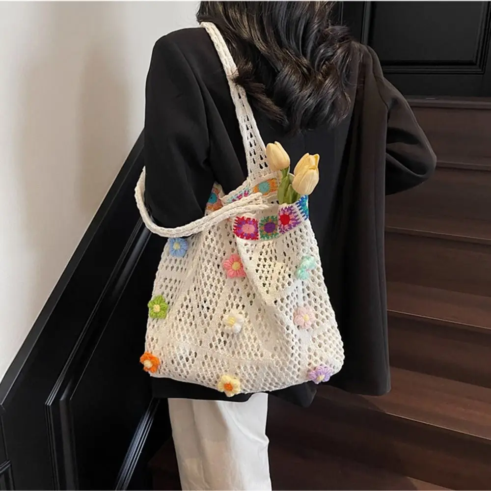 

Hollow Out Crochet Flower Tote Bag Floral Trim Large Capacity Woven Shoulder Bag Handmade Portable Women's Knitted Handbag Beach