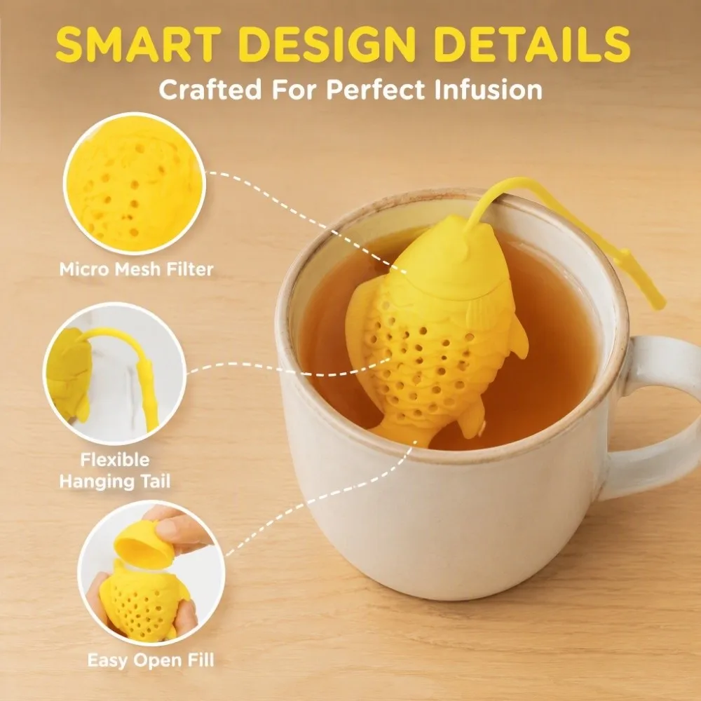 Food Grade Material Silicone Tea Infuser Fish Shape Design Yellow Color Loose Leaf Tea Strainer Loose Leaf Compatible