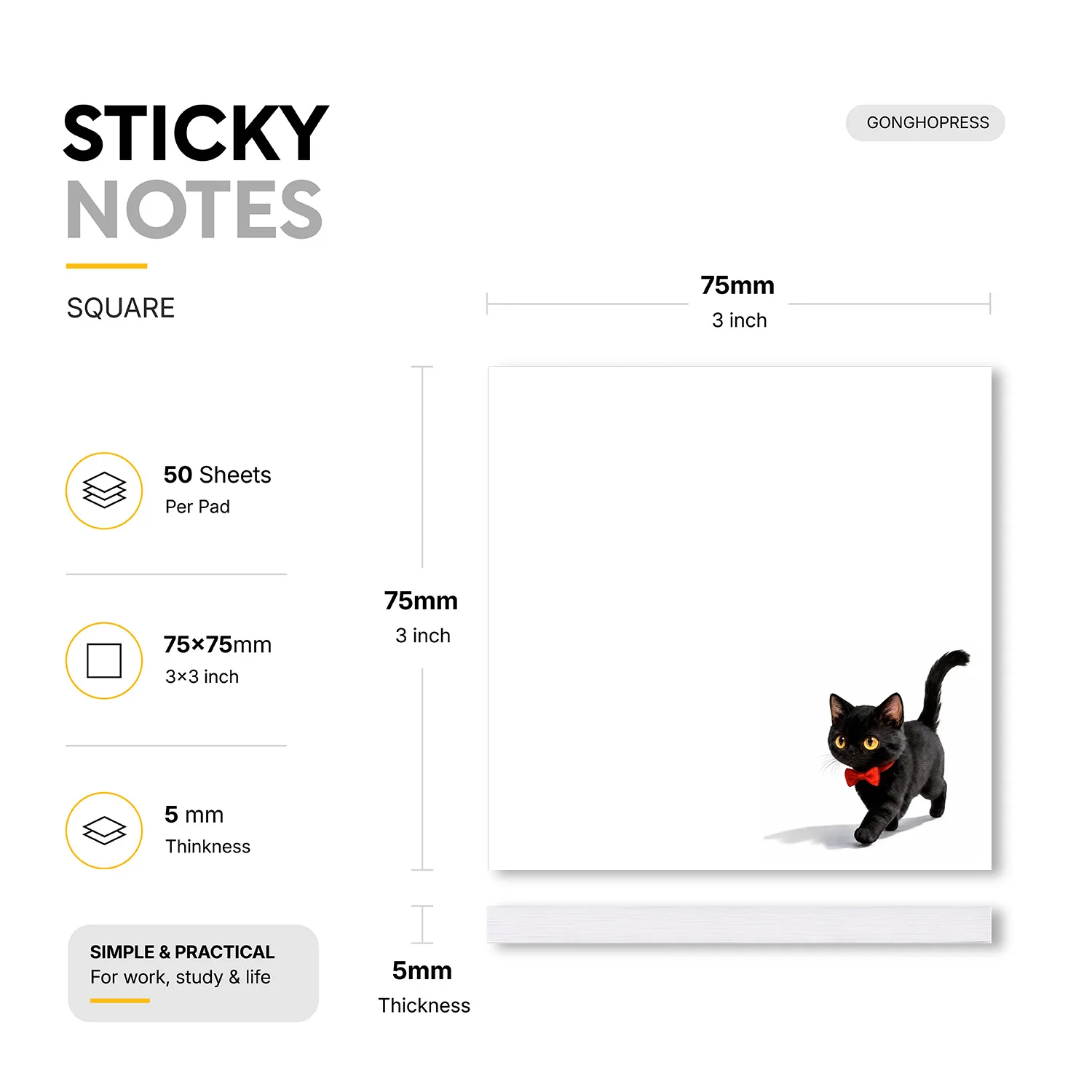 2pcs Cute Black Cat Sticky Notes, Kawaii Animal Self Stick Memo Pads, 100 Sheets Total, Aesthetic Cat Notepad, Removable