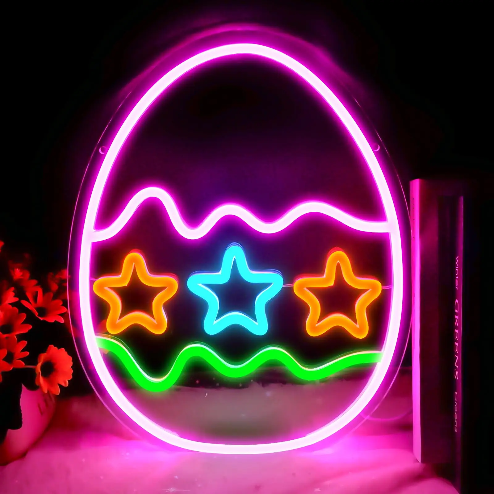 Dimmable LED Happy Easter Gifts Light for Wall Decor, USB Powerd Easter Star Eggs Neon Signs for Holiday,  Spring, Bunny