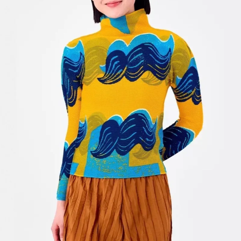 

Miyake Folds 2025 Fall New Retro Abstract Printing Stretchy Slimming Half High Neck Top Tight Stretch Women's Polyester Crepe