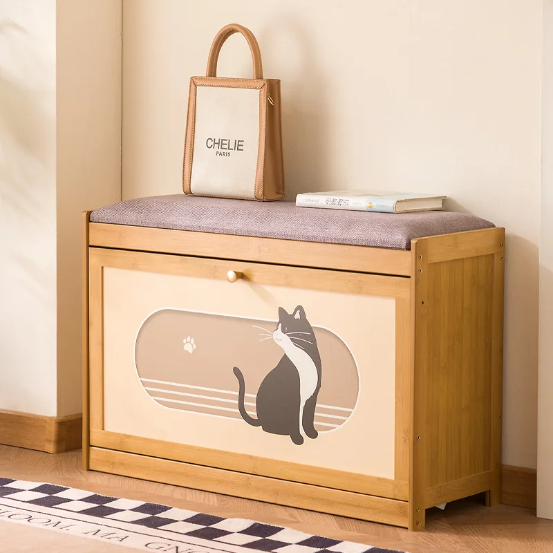 New bamboo shoe changing stool and shoe cabinet integrated, dust-proof flip door shoe cabinet, soft cushion shoe wearing stool