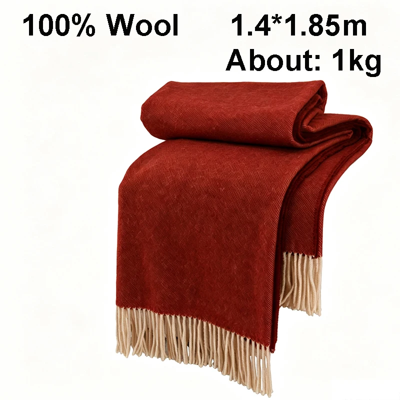 100% Wool Blanket For Couch 1.4*1.85m Warm Napping Merino Fleece Blankets Sofa Camping Four-Season Wool Tassel Shawl Blankets