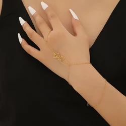 QIAMNI Stainless Steel Elegant Flower Finger Rings Chain Bracelets for Women Party Hand Harness Jewelry New Trend Gift Bangle