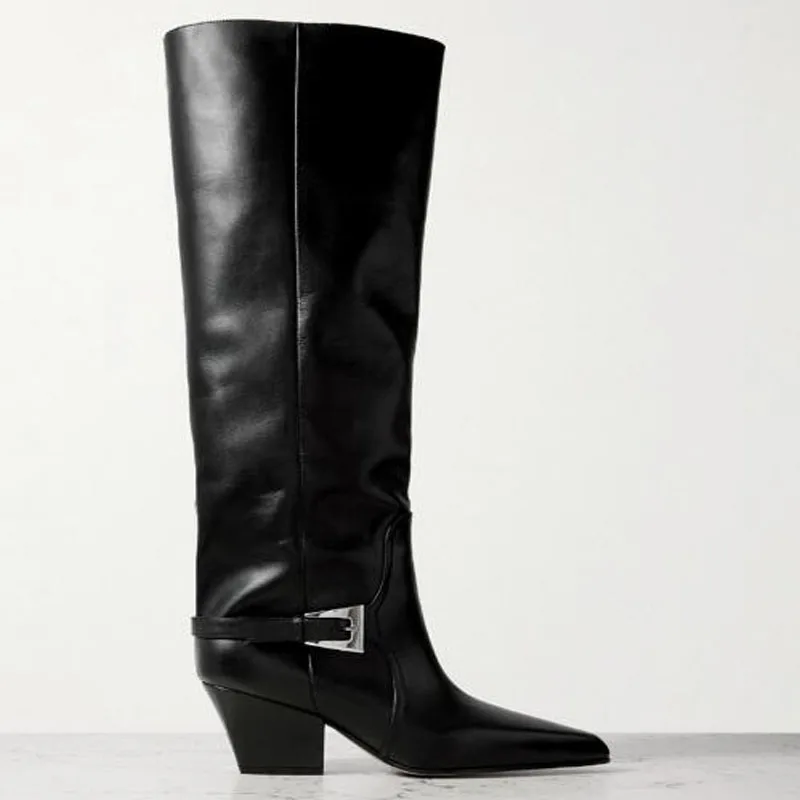 

New Woman Black Red Solid Leather Pointed Toe Sliver Metal Belt Buckle 9 CM Chunky Heels Knee High Boots Lady Tube Slip On Boots