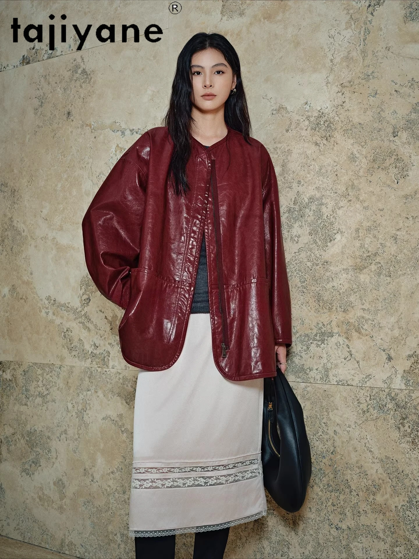 TAJIYANE Echte Ziegenleder-Lederjacken, mittellanger O-Ausschnitt-Mantel, übergroße Echtlederjacke für Damen, 20225, Herbstkleidung zhrбка