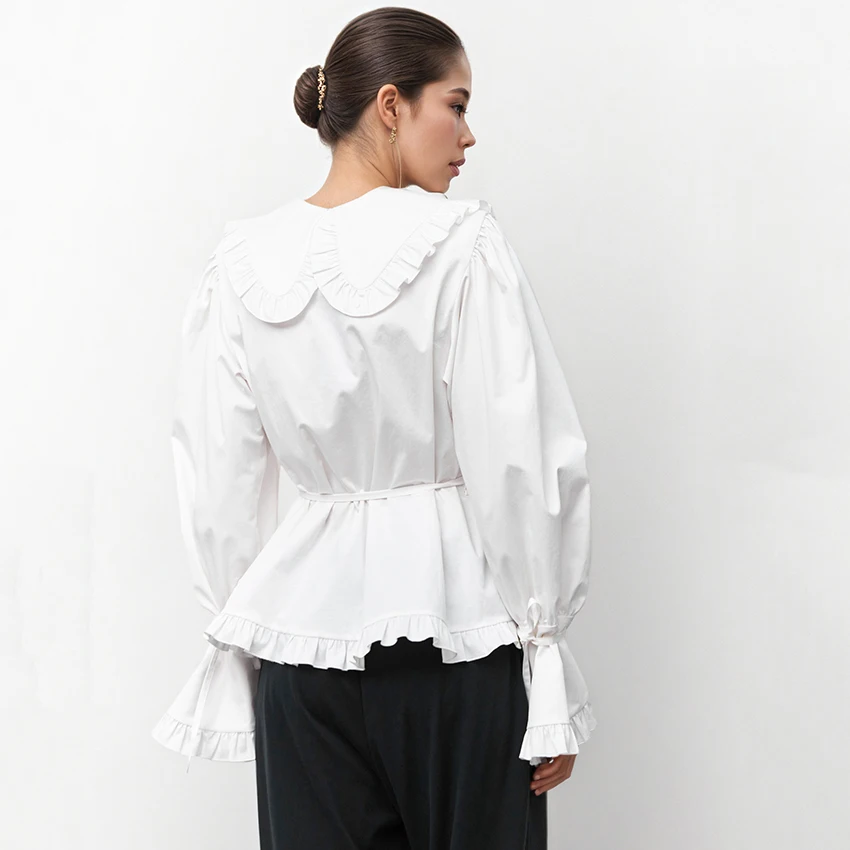 Linad بلوزة كلاسيكية بياقة مكشكشة بيضاء للنساء قمصان أنيقة بأكمام مضيئة للخريف قطع علوية غير رسمية بأكمام طويلة 2025 بوهو