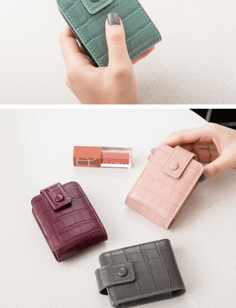 Tragbare Mini-Lippenstift-Tasche mit Spiegel, minimalistische kleine Kosmetiktasche mit Knopf, Damen-Make-up-Aufbewahrungskoffer mit Krokodilprägung – Detail 14