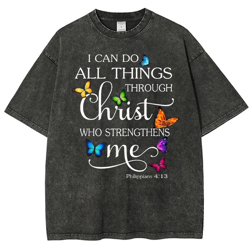 

Я могу сделать все вещи через Христа с бабочкой, религиозные черные футболки с графическим принтом, женская одежда, мужские свободные потертые футболки