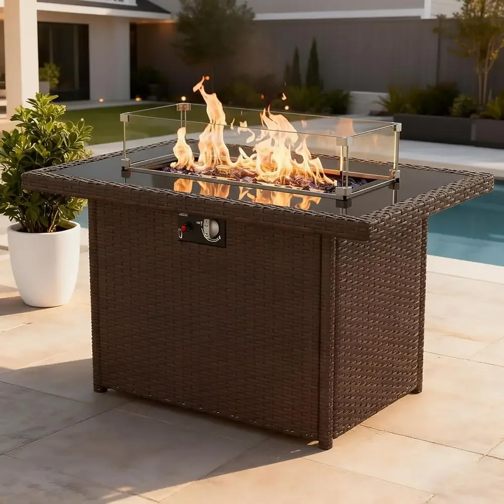 44 Outdoor Propane Gas Fire Pit Table with Glass Wind Guard and Waterproof Cover