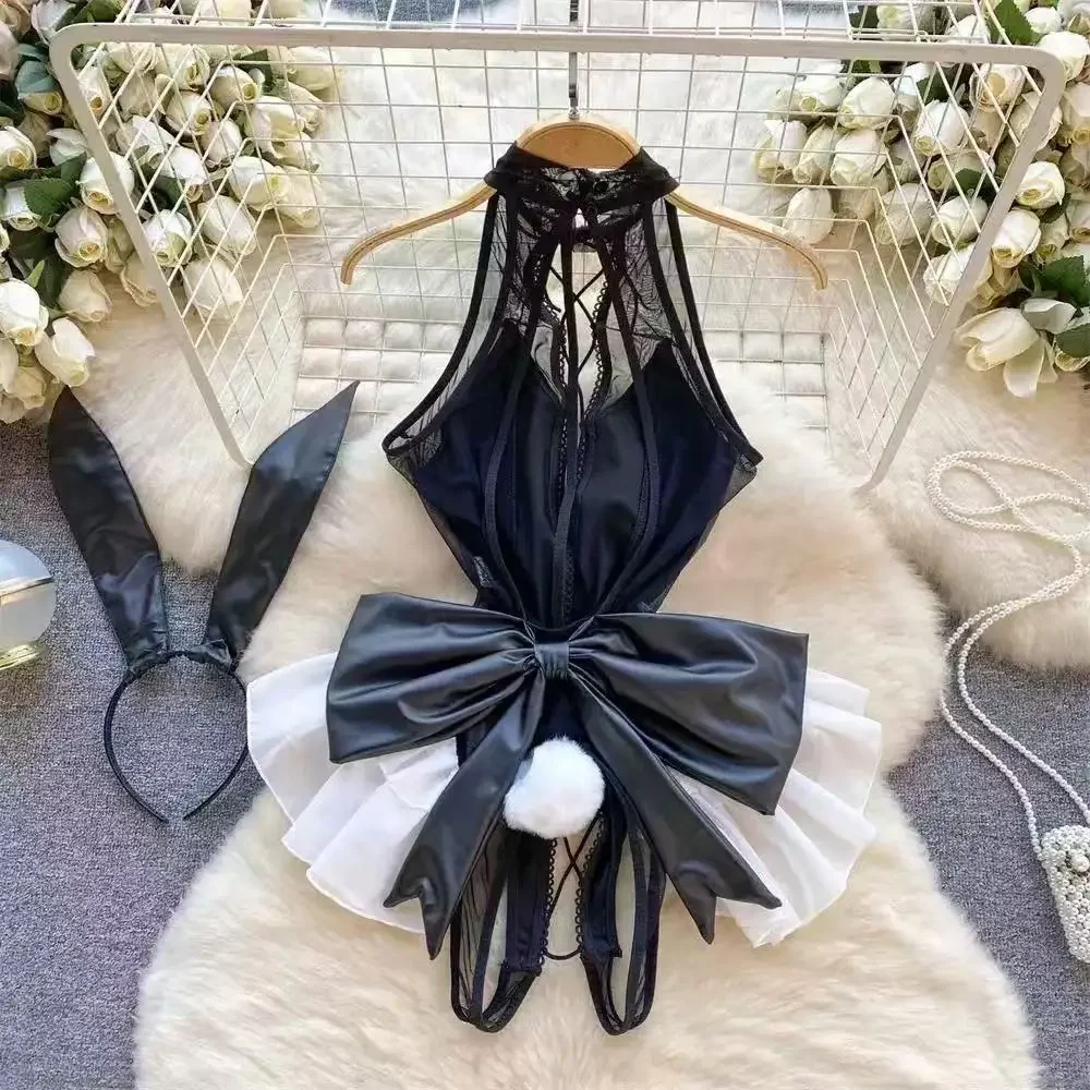 Bunny Gioco di ruolo Indumenti da notte da donna Abbigliamento segreto da donna Halter Patchwork Body Lingerie erotica Sexy Tutina nera Bodycone