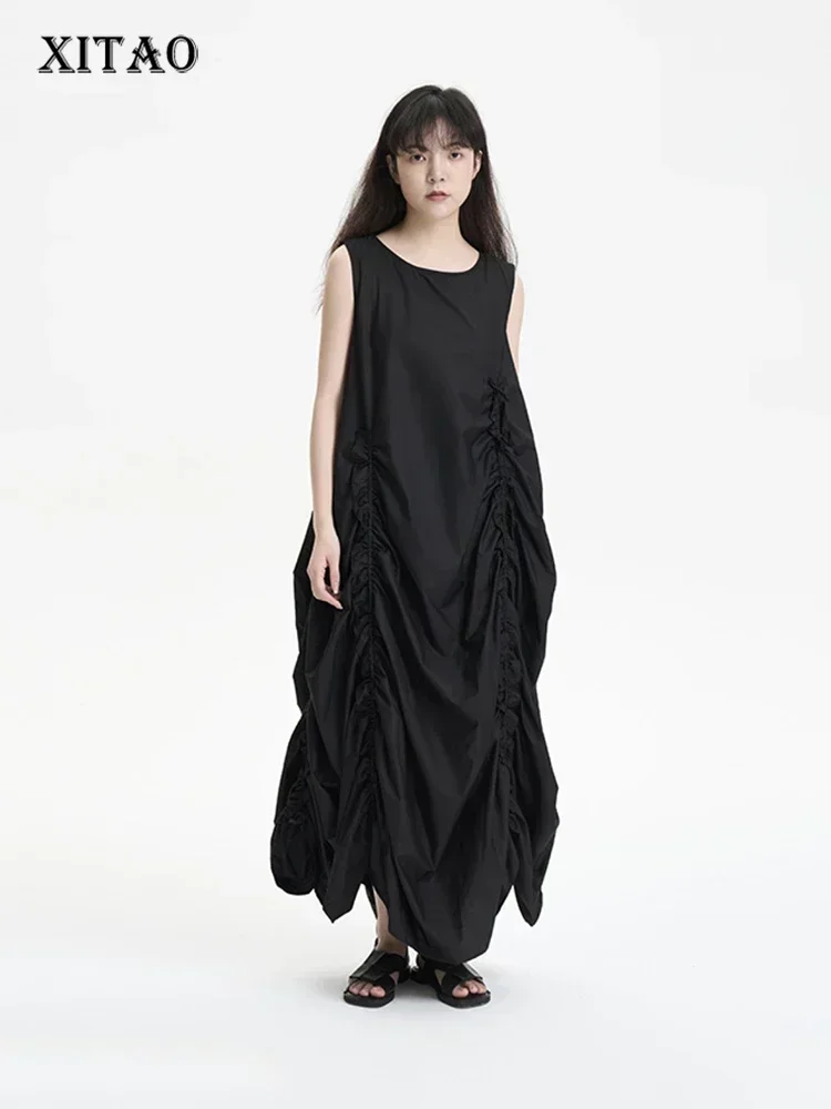 

XITAO Folds Sleeveless Dress Fashion Black Casual Women Summer Simplicity New Personality Loose Street Trendy Dress WMD5840