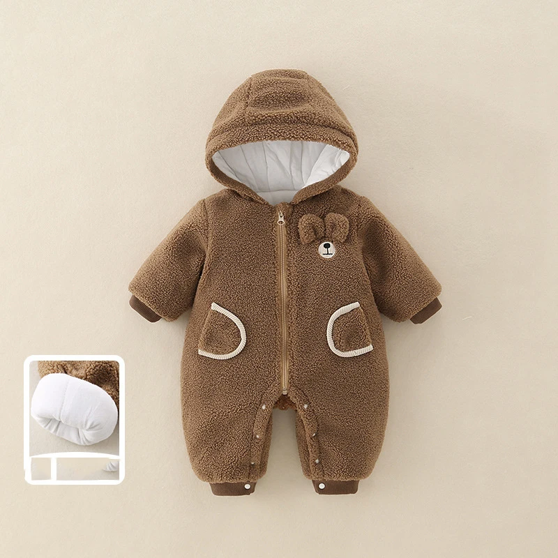

Шерстяные комбинезоны для маленьких мальчиков, жаккардовые утепленные комбинезоны с капюшоном и медведем для новорожденных девочек, новые зимние кофейные боди для маленьких девочек
