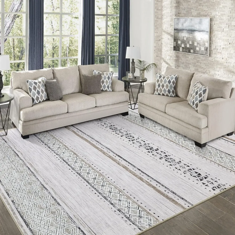 8x10 Area Rugs for Living Room Bedroom: Large Machine Washable Rug with Non-Slip ome Office - Brown/Ivory