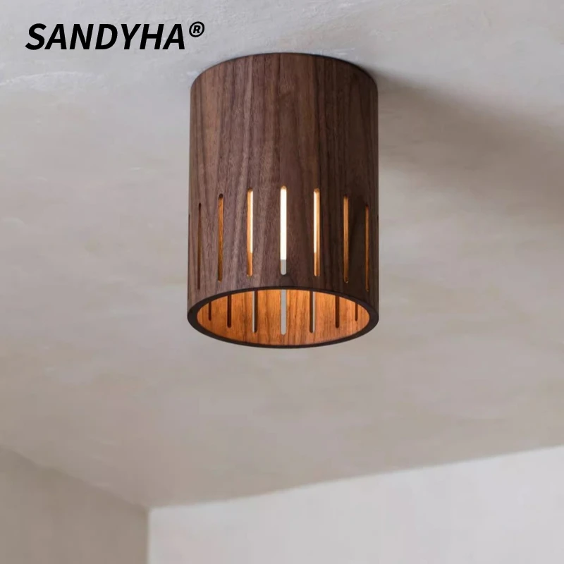 

Современный потолочный светильник в скандинавском стиле из орехового дерева, трехцветный диммируемый светодиодный светильник цилиндрической формы для гостиной, коридора, прихожей, домашнего декора